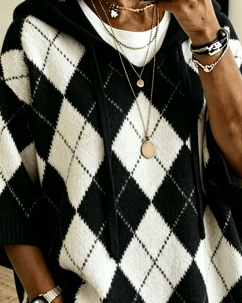 Pull À Capuche Plaid Manches Trois-Quarts