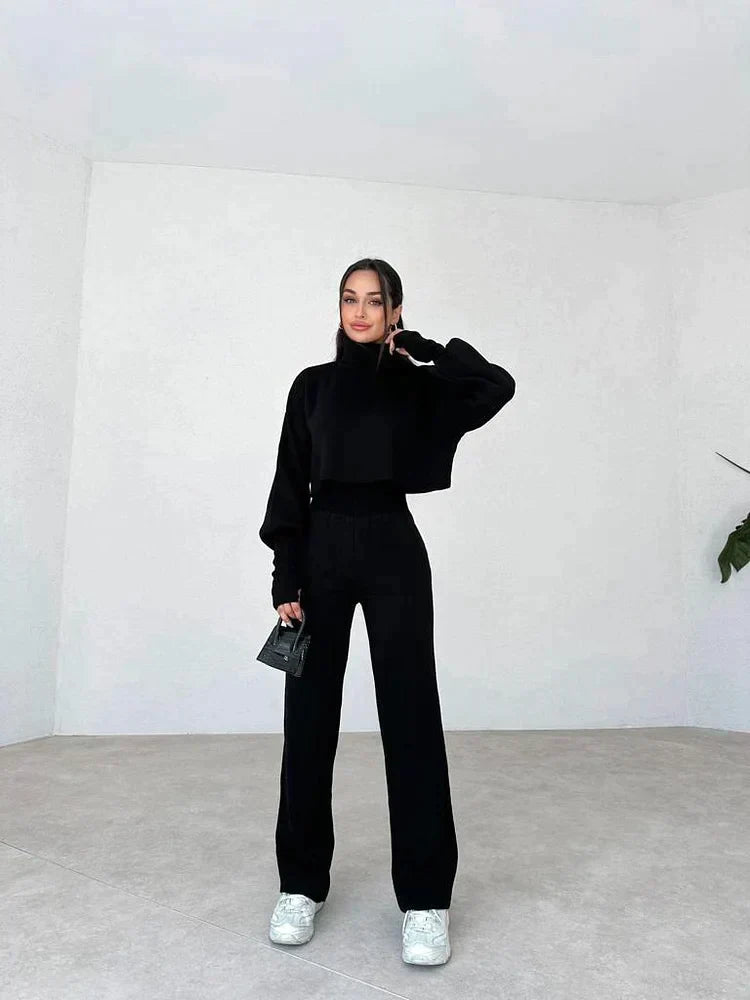 Ensemble Femme Deux Pièces Pull Col Montant Oversize Pantalon Droit