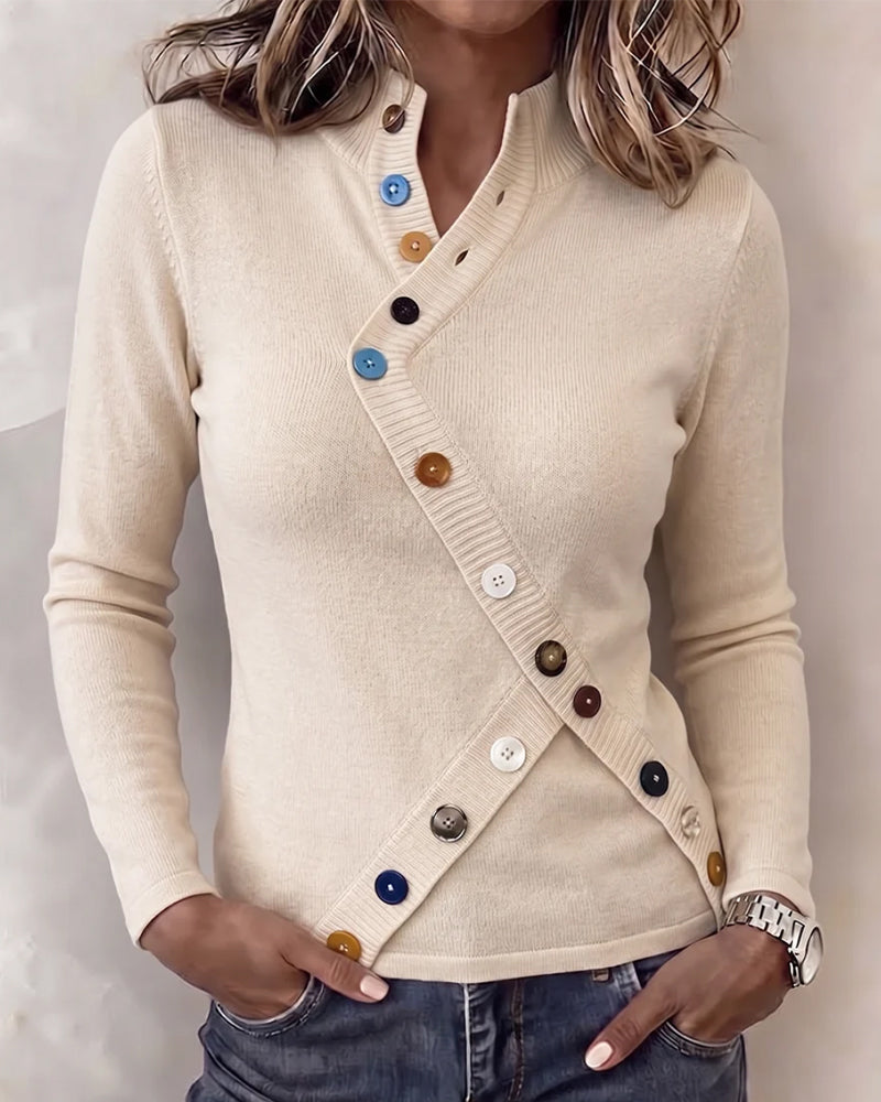 Pull asymétrique à col mandarin et color block