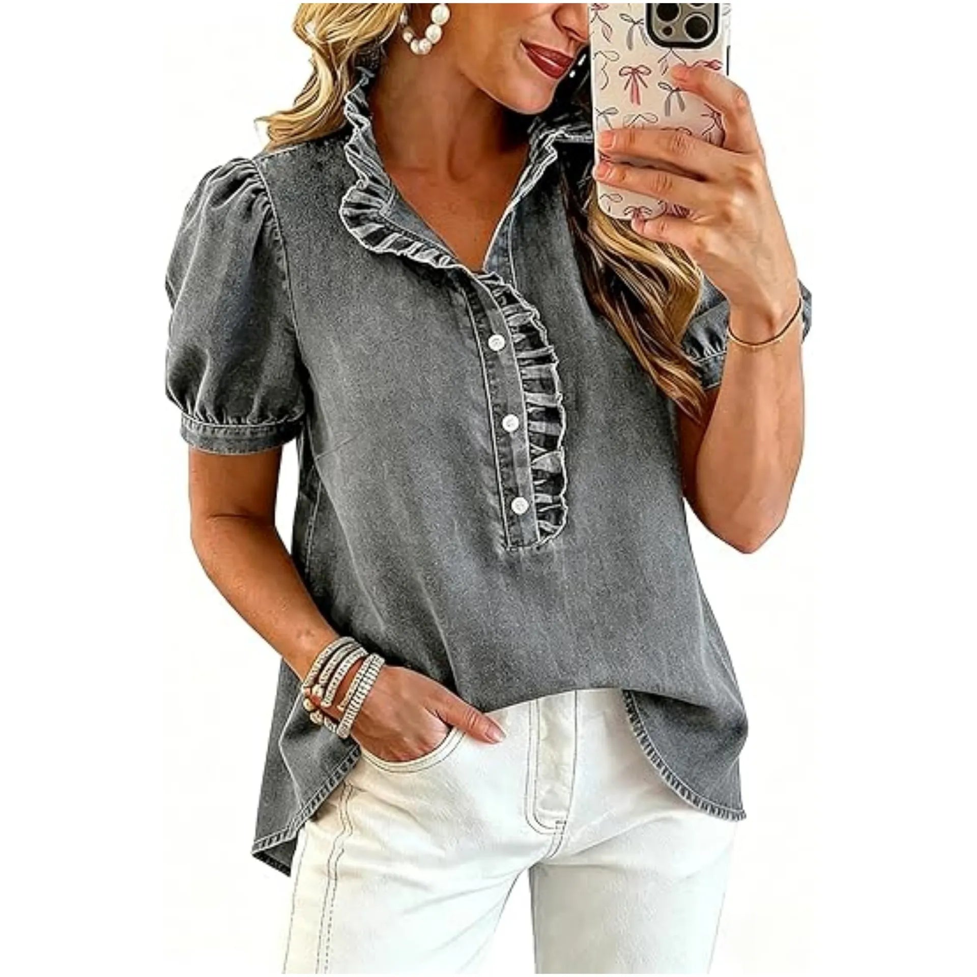 Haut femme en denim avec col volanté et manches bouffantes