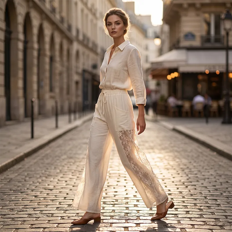 Immie | Pantalon de loisirs confortable avec taille élastique et dentelle