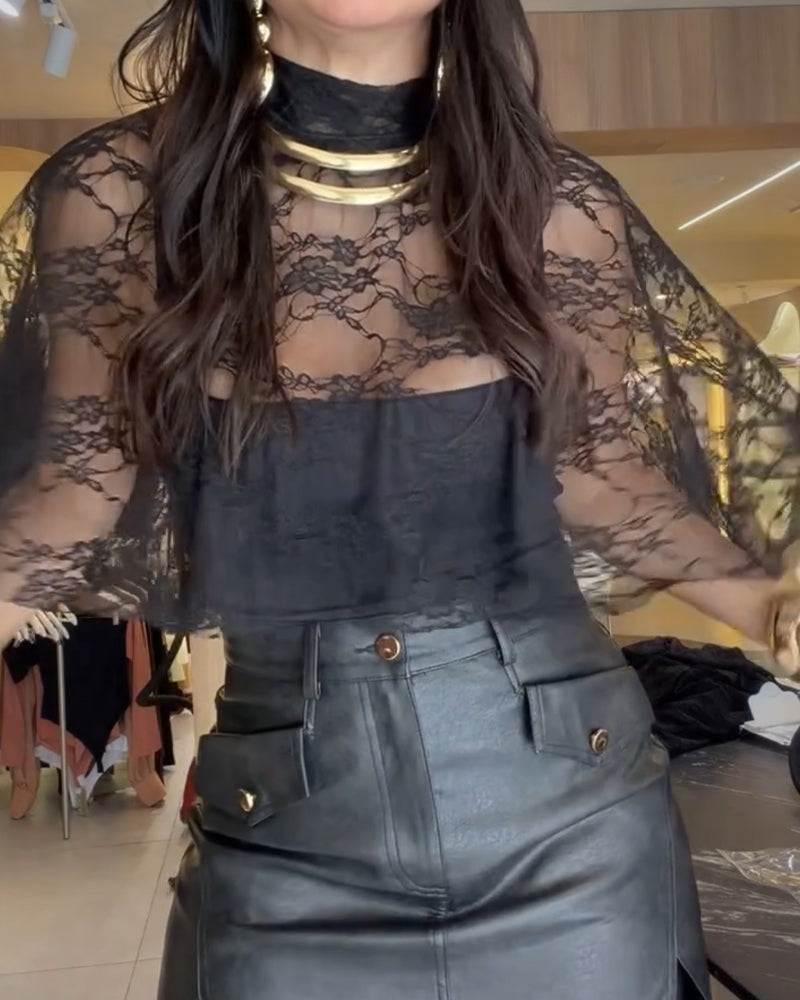 Blouse Col Haut Dentelle Sheer Sexy