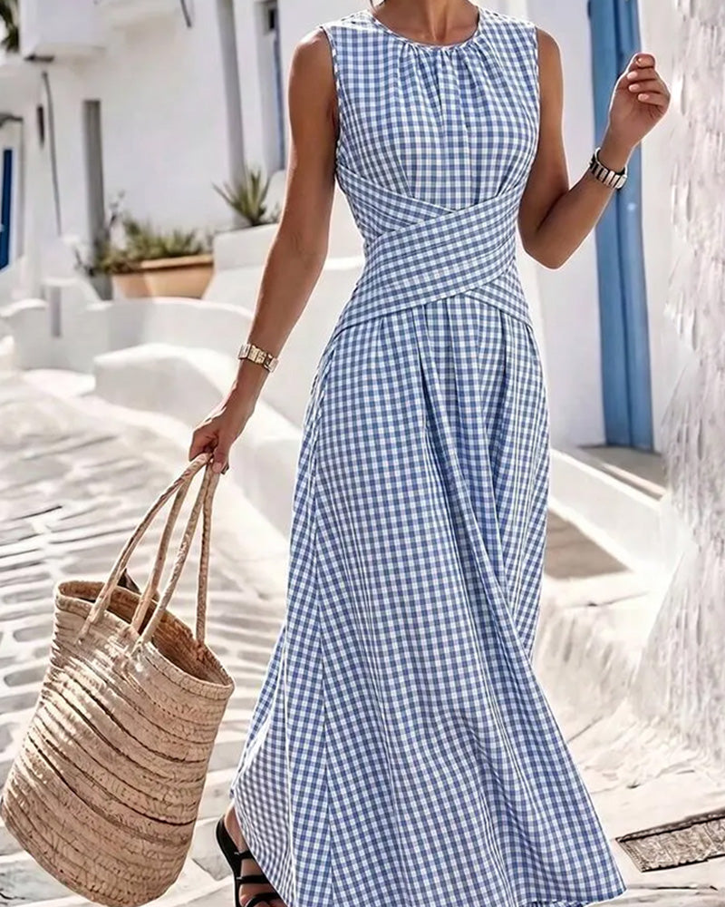 Robe Col Rond Croisé Froncé À Carreaux
