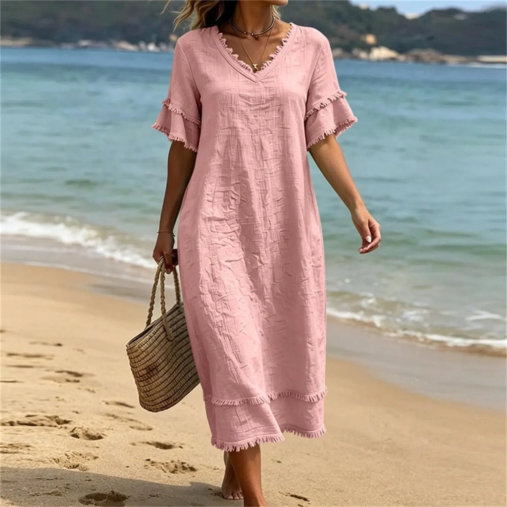 Robe femme bohème col V avec franges et coupe fluide