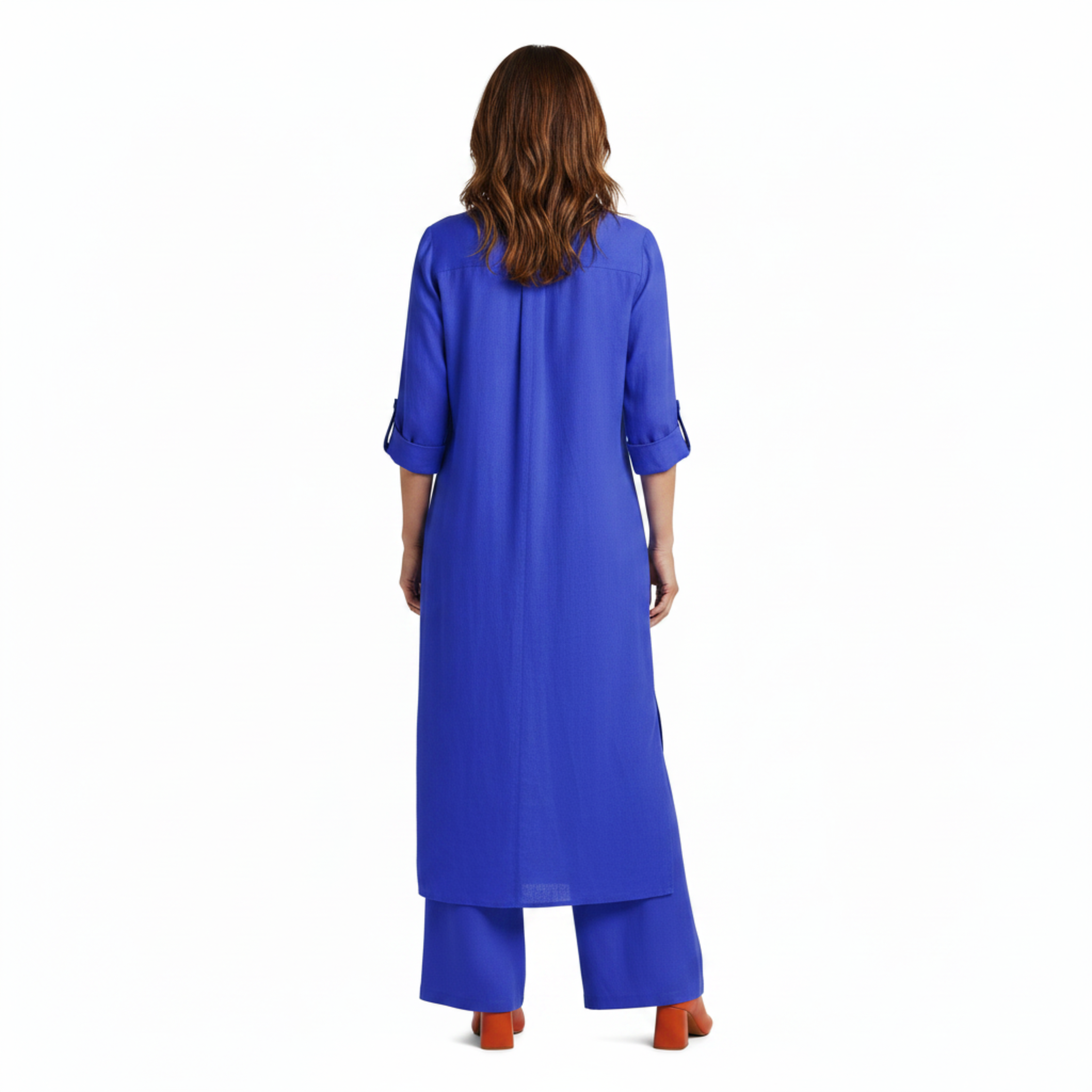 Ensemble Coordonné Chemise Longue à Boutons et Pantalon Large en Lin Mélangé