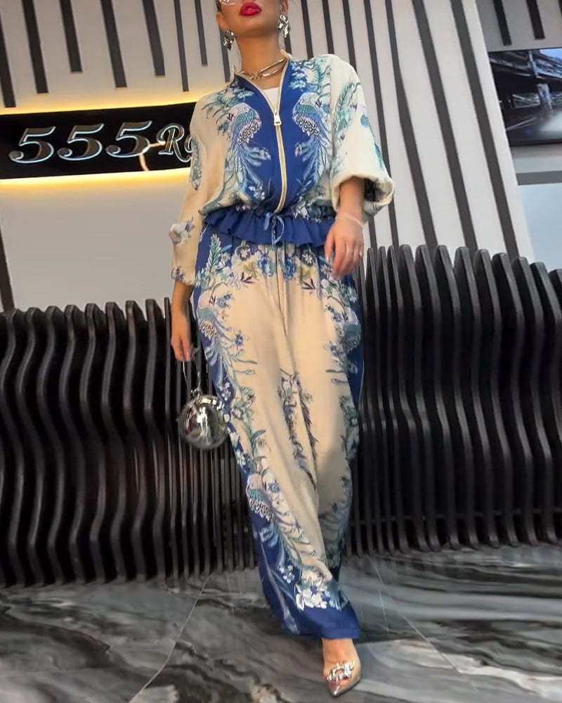 Costume à col montant et fermeture éclair avec jambes larges