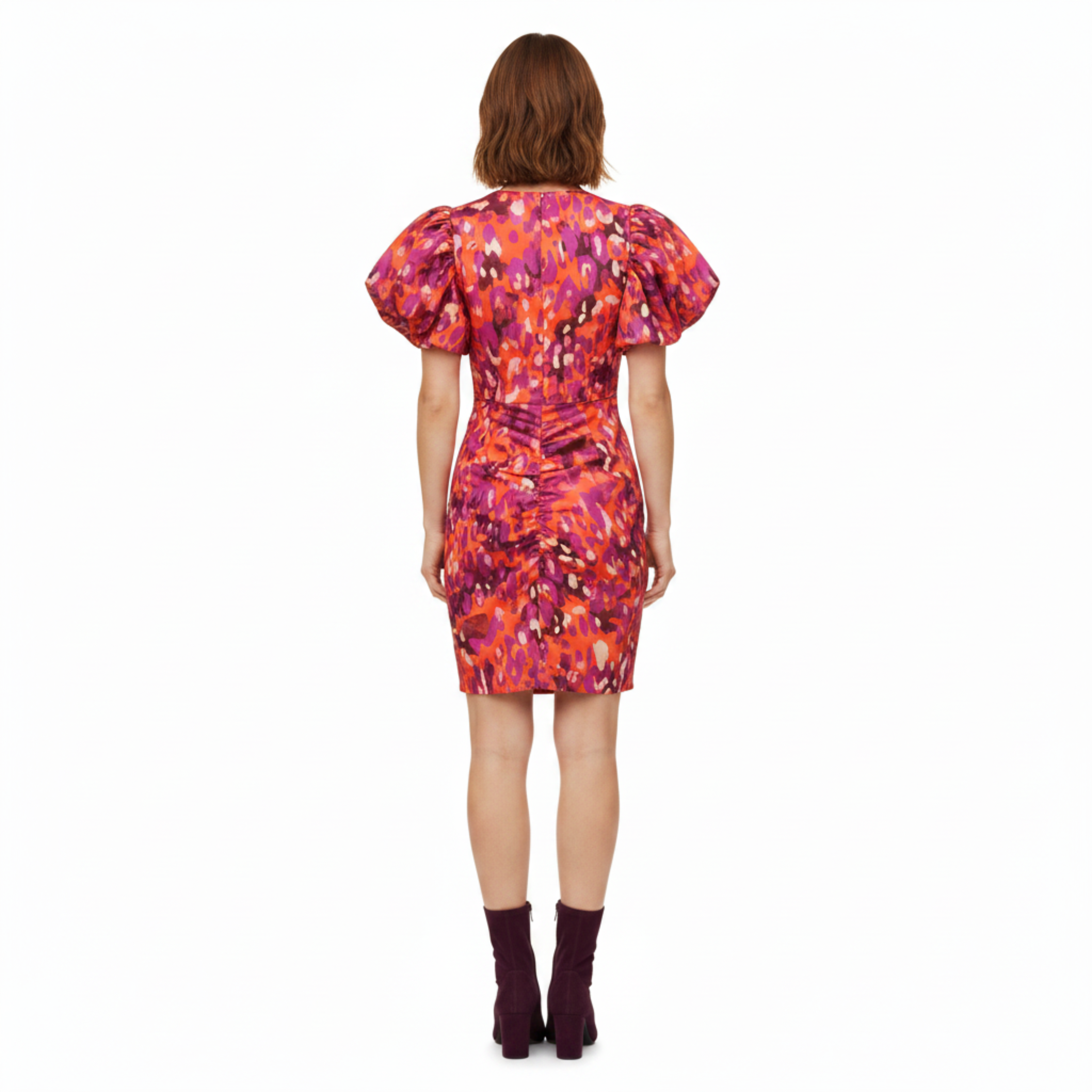 Robe Mi-Longue Imprimée à Manches Bouffantes et Décolleté en V pour Femme