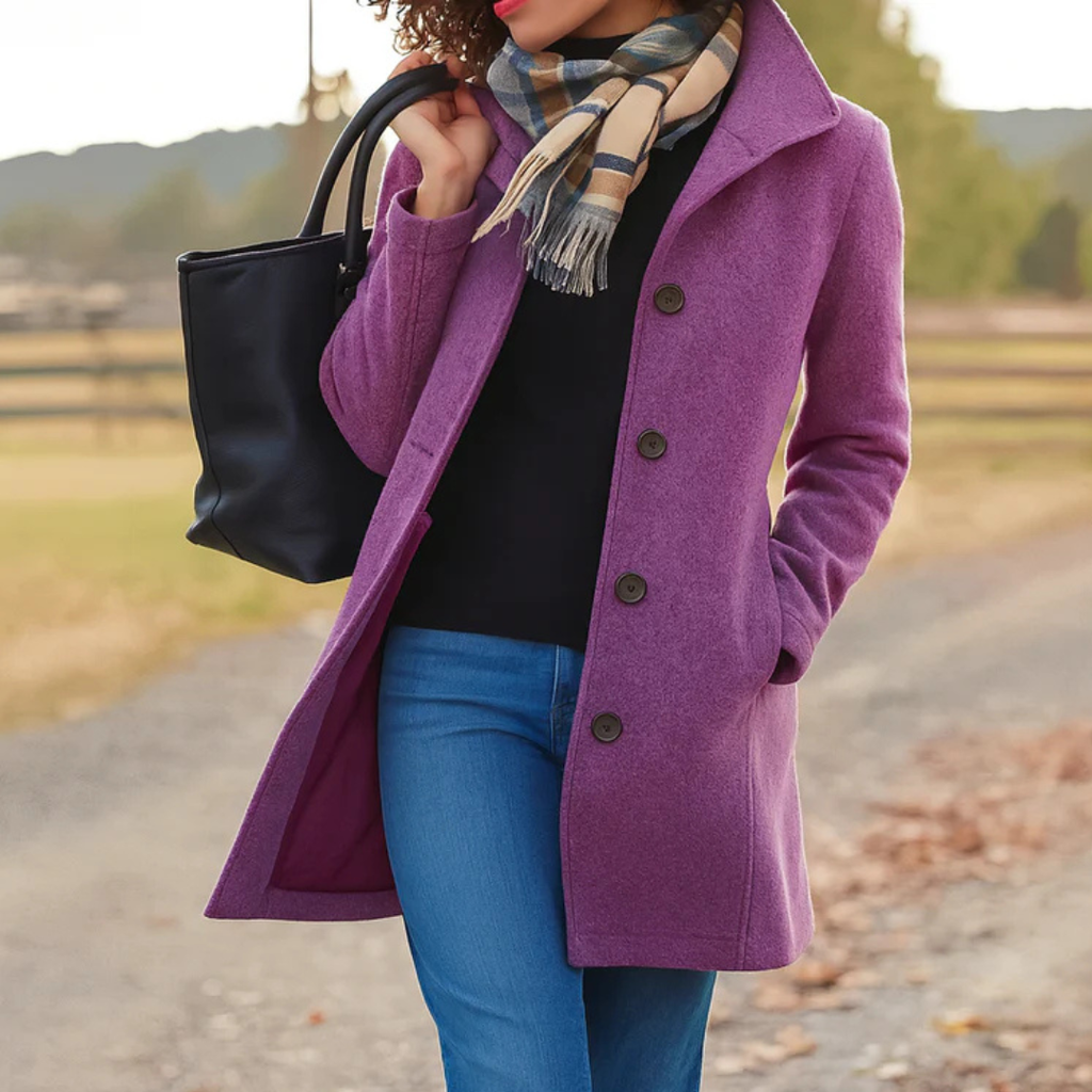Manteau long femme boutonné à col montant élégant