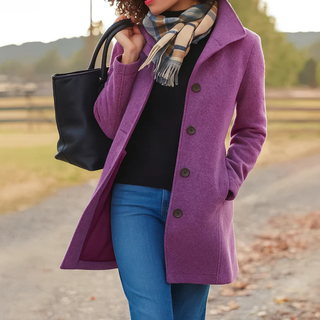 Manteau long femme boutonné à col montant élégant