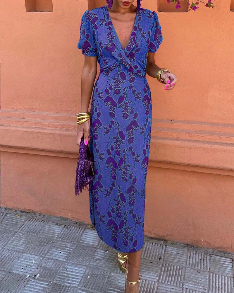 Robe A-Line à Manches Bouffantes et Imprimé Élégant de Feuilles en V Profond
