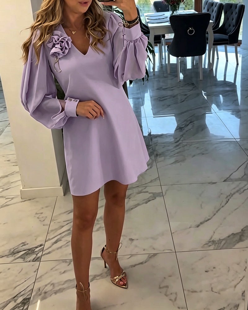 Robe à Manches Lanternes avec V-Cou et Fleurs en Trois Dimensions