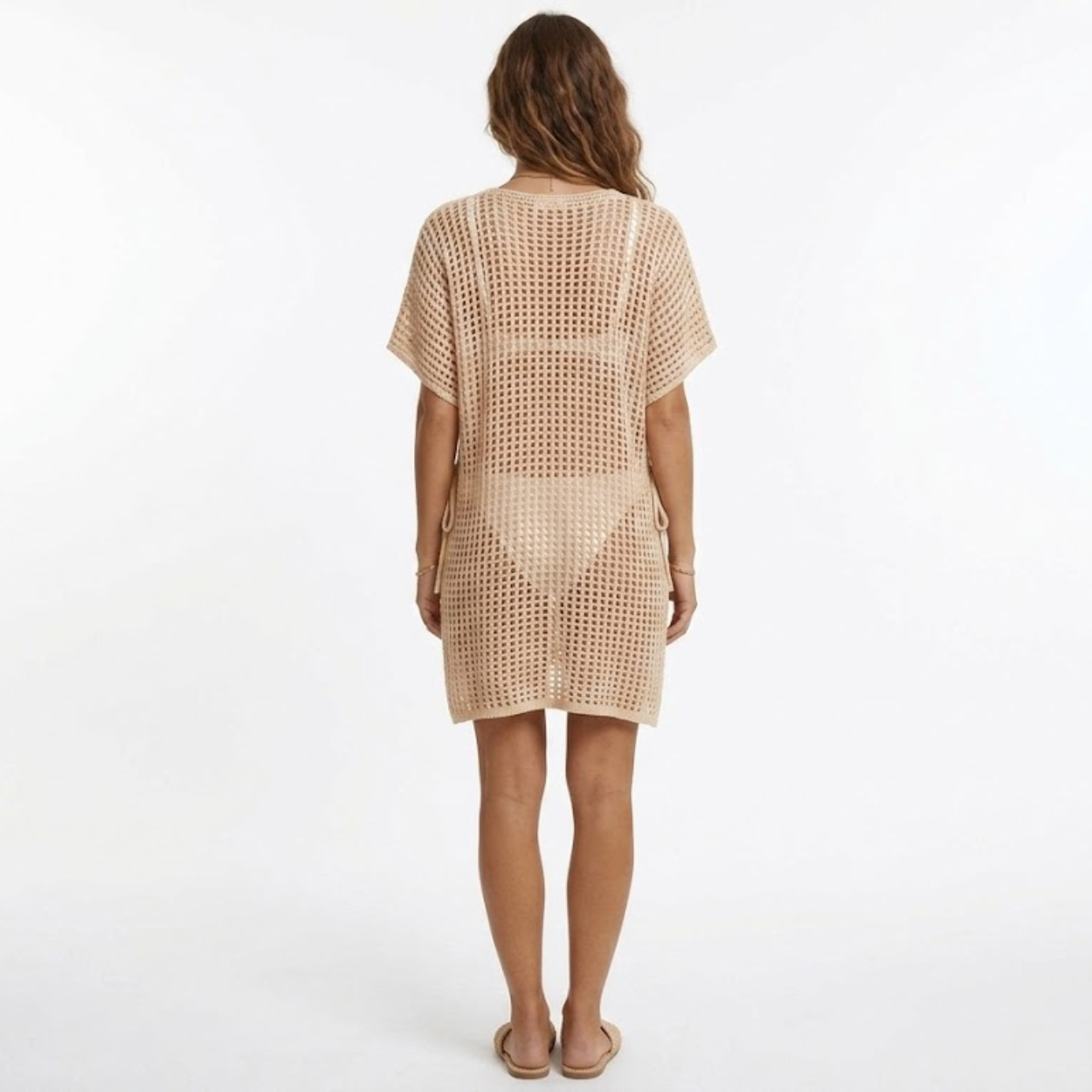 Tunique de Plage Women's Beach Cover Up en Maille Crochetée à Manches Courtes