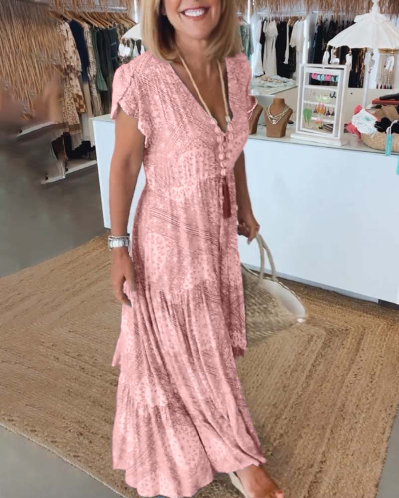 Robe à manches fendues en V imprimée pour les vacances