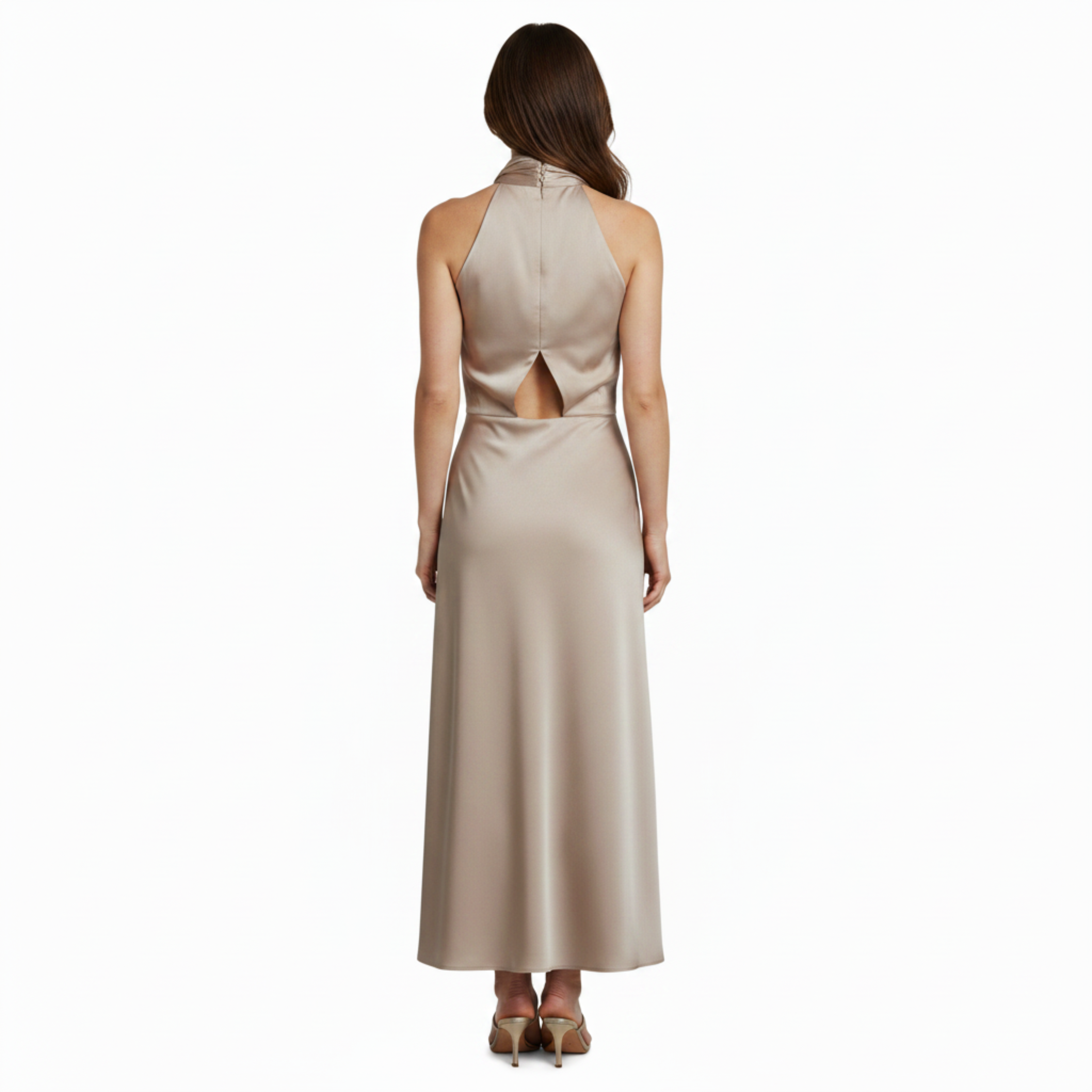 Robe de Soirée Wedding Guest Dress Satinée à Dos Nu et Encolure Américaine