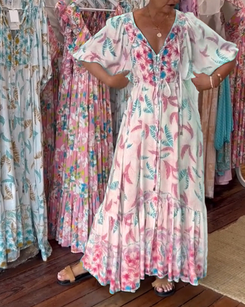 Robe maxi à imprimé feuilles avec décolleté en V pour femmes