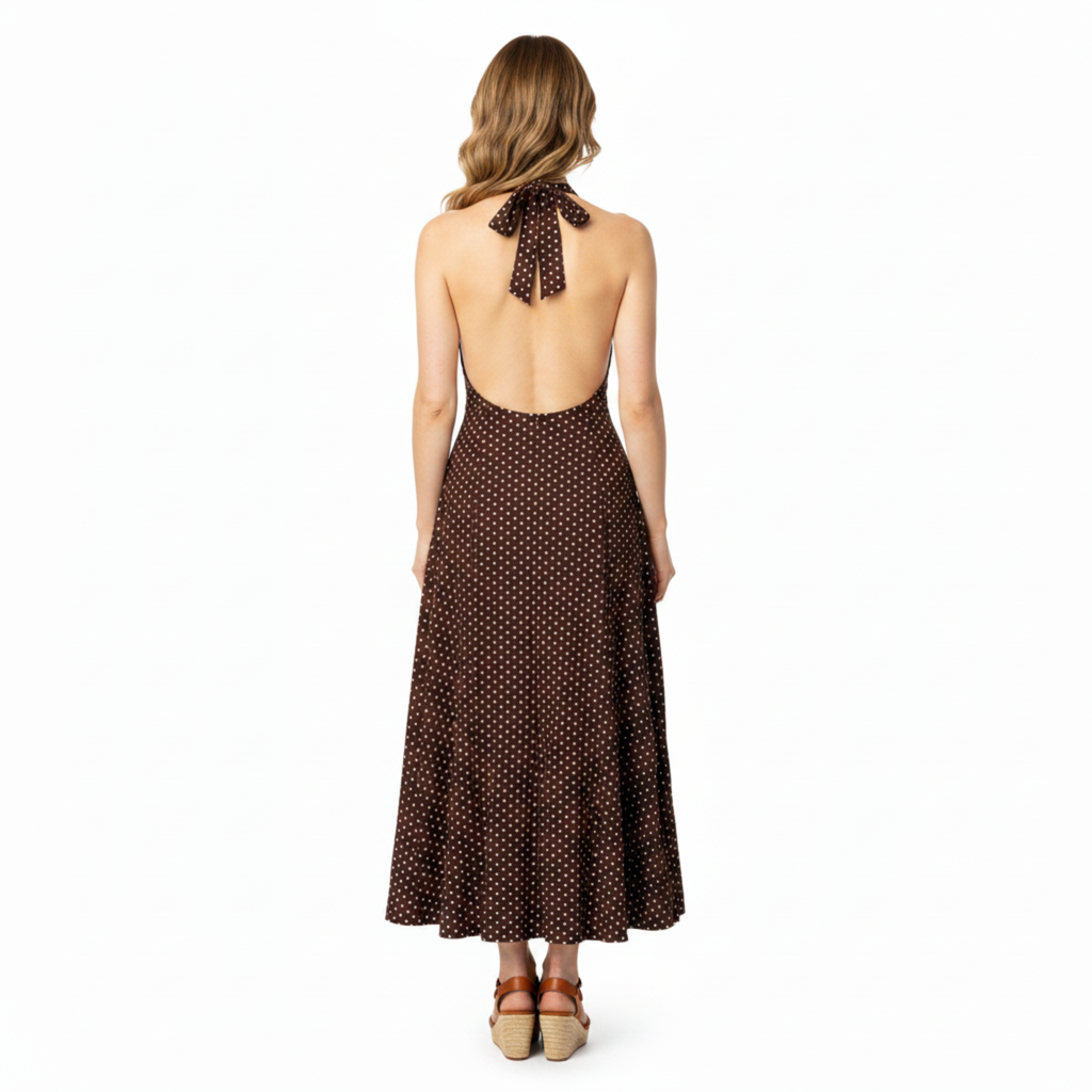Robe Maxi à Pois pour Femme avec Col Halter et Décolleté en V Plongeant