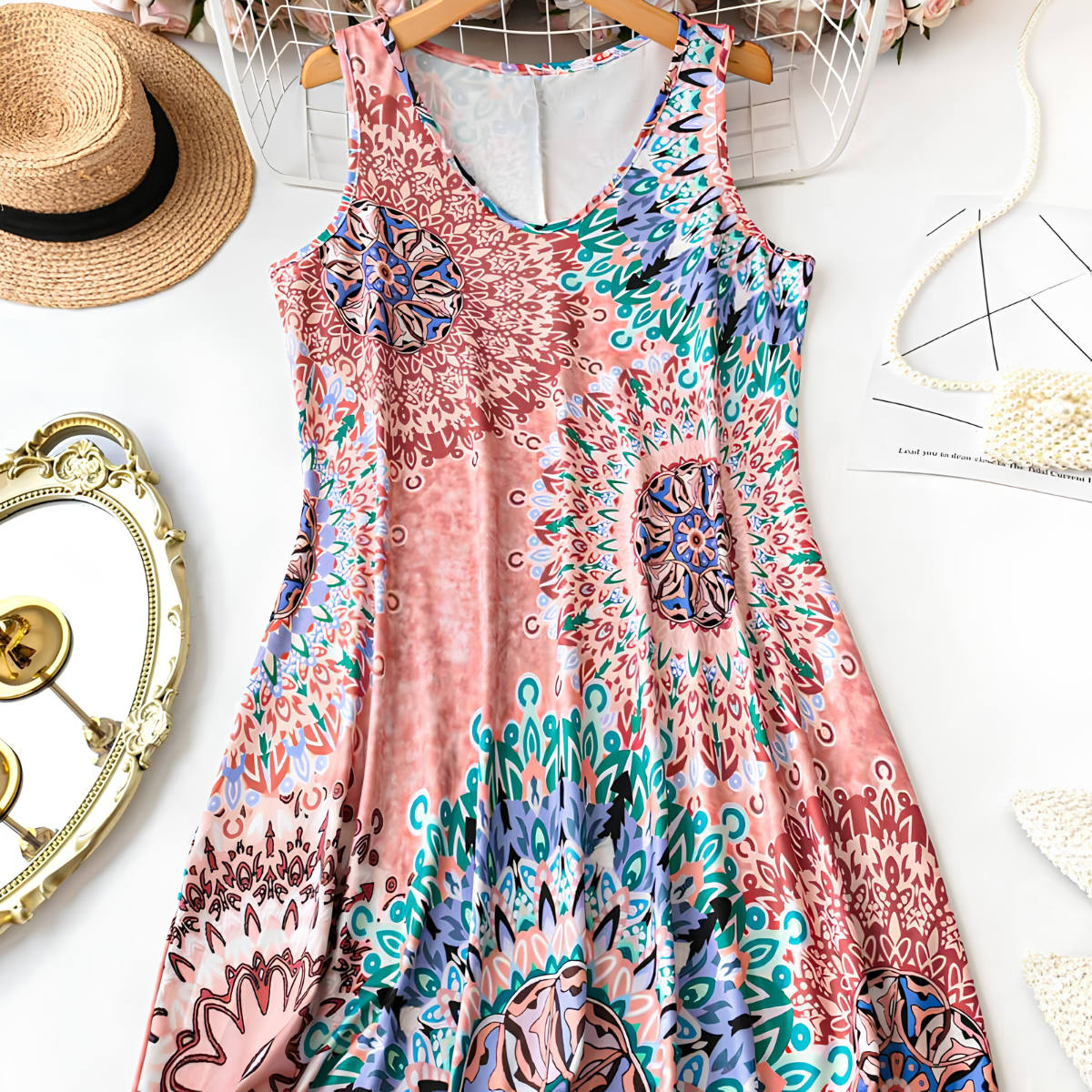 Yessia | Robe A-line sans manches avec imprimé coloré