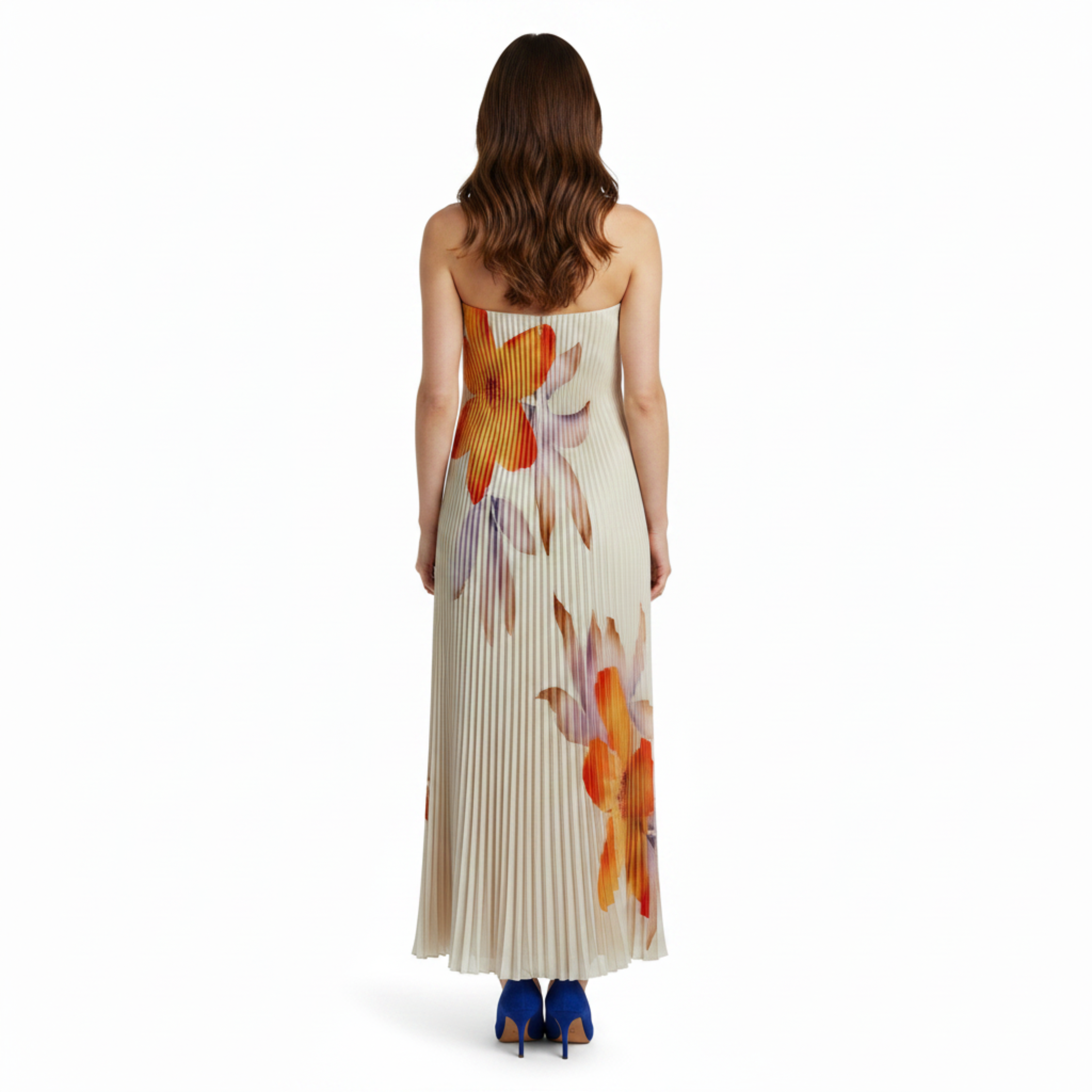 Robe Maxi sans Bretelles Plissée avec Corset Intégré et Imprimé Fleuri