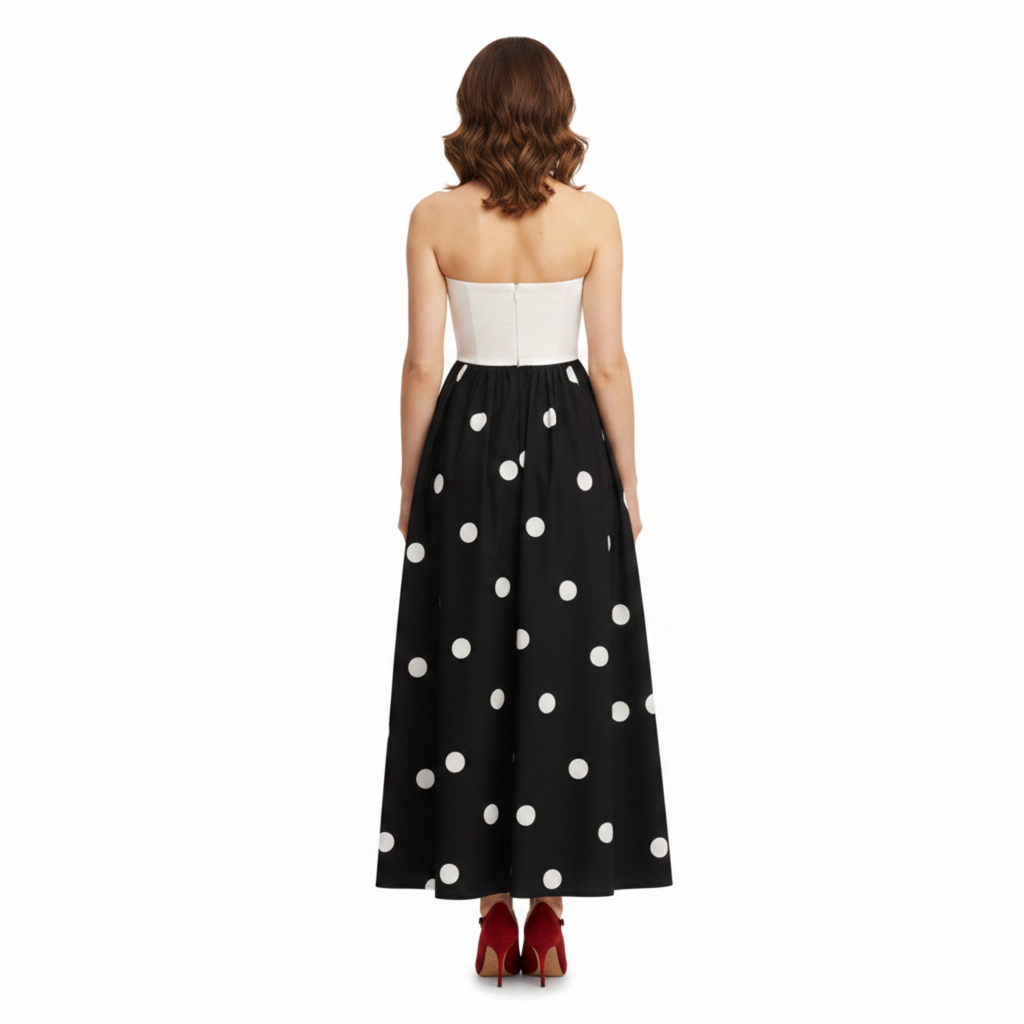 Robe Maxi à Pois avec Bustier Sans Bretelles et Jupe Évasée