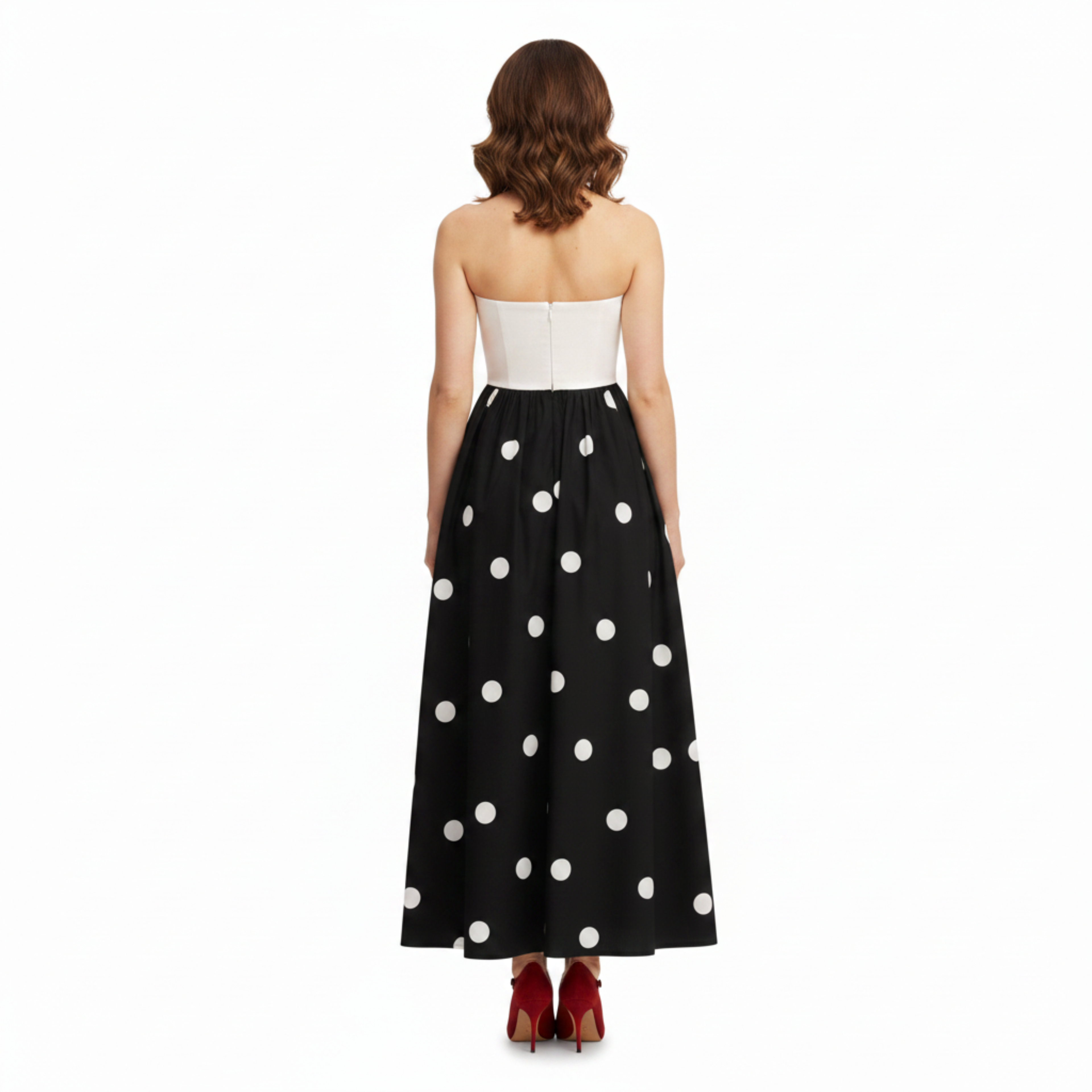 Robe Maxi à Pois avec Bustier Sans Bretelles et Jupe Évasée