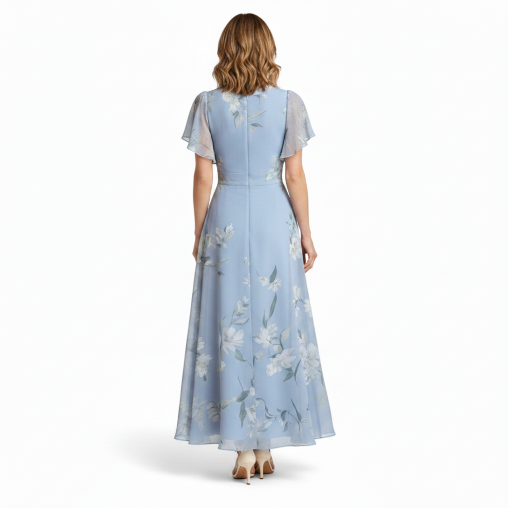 Robe Longue Fleurie pour Femme avec Manches à Volants et Coupe Évasée