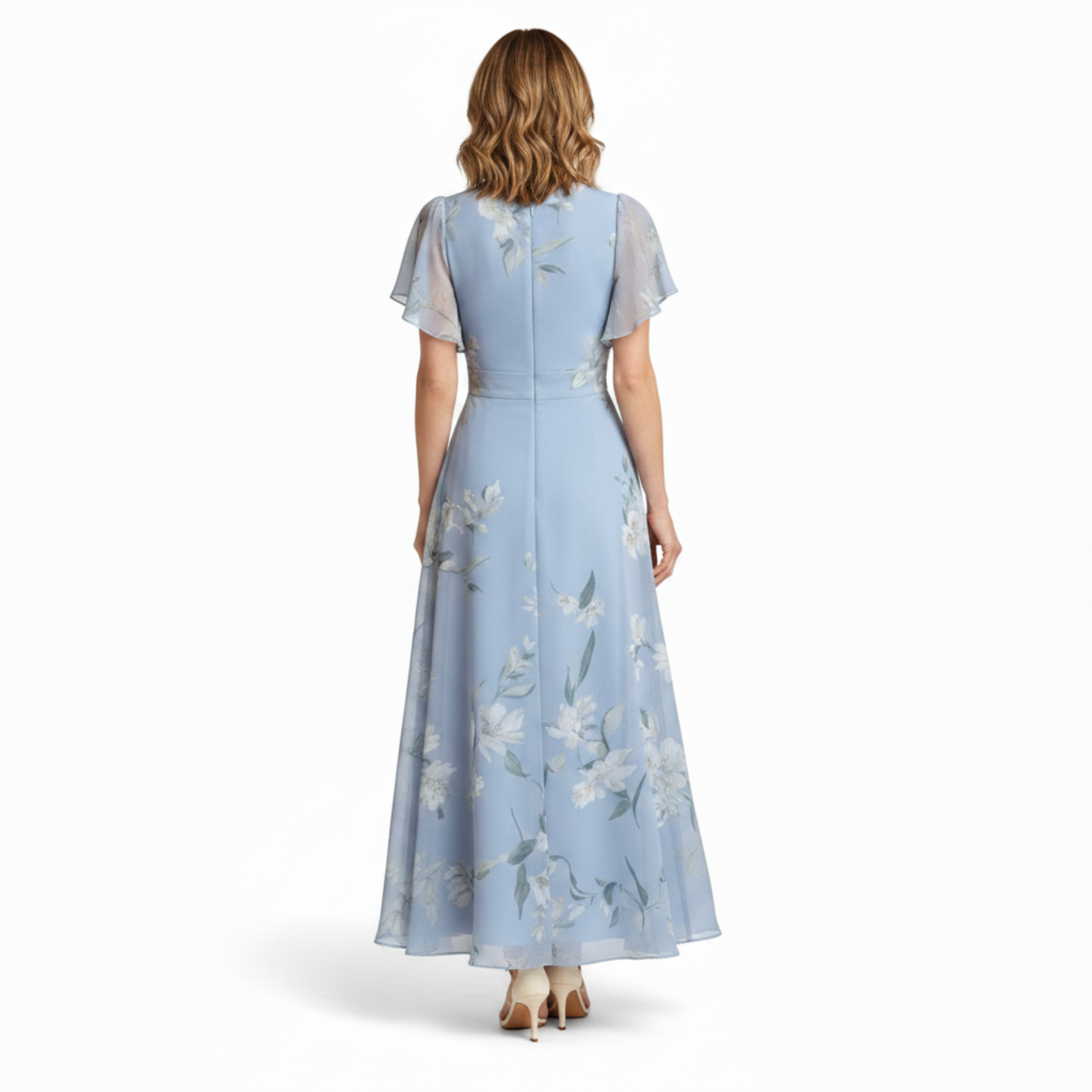 Robe Longue Fleurie pour Femme avec Manches à Volants et Coupe Évasée