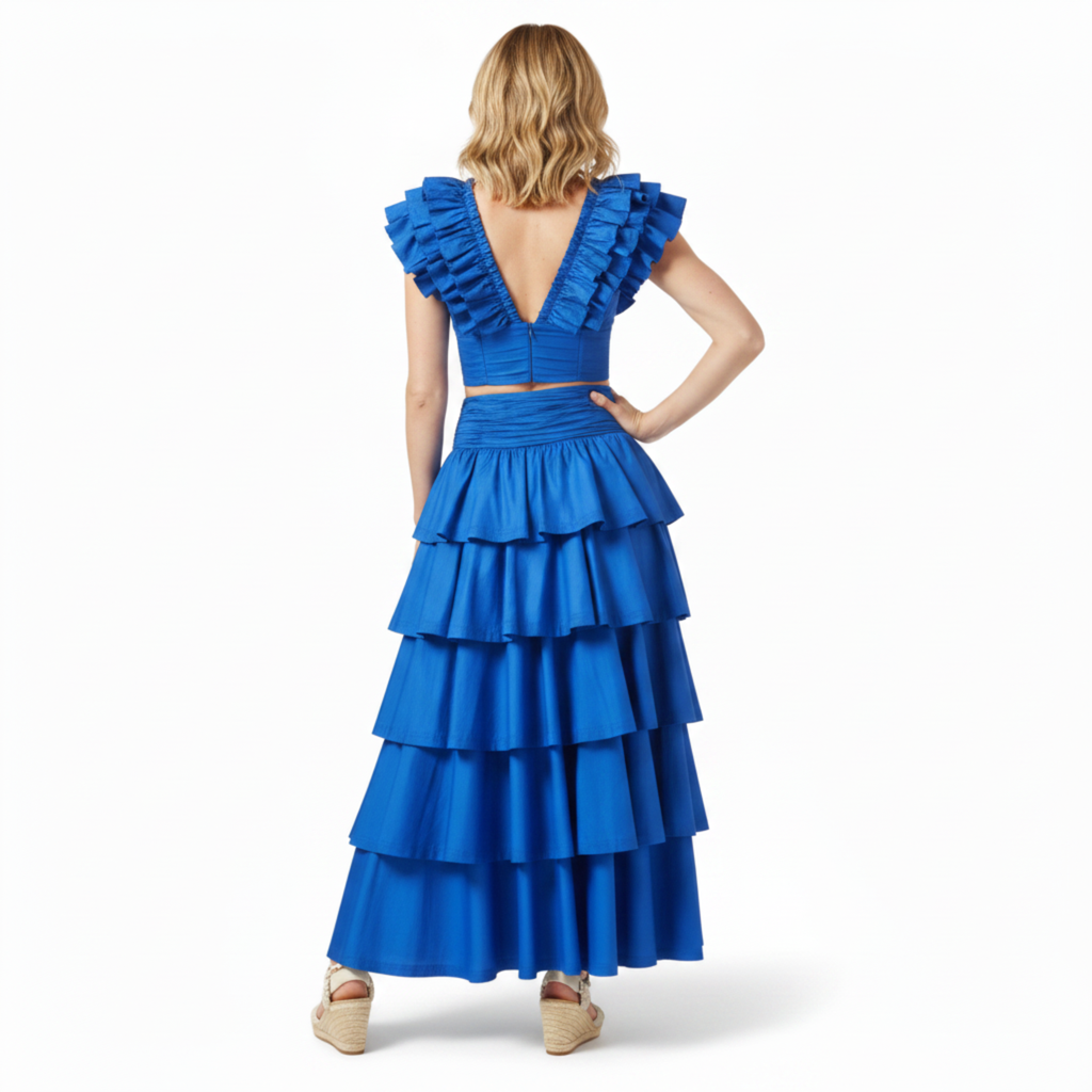 Ensemble Jupe Longue et Crop Top à Volants en Satin pour Femme