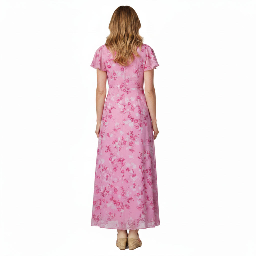 Robe de Soirée Invité de Mariage Longue en Mousseline à Manches Papillon