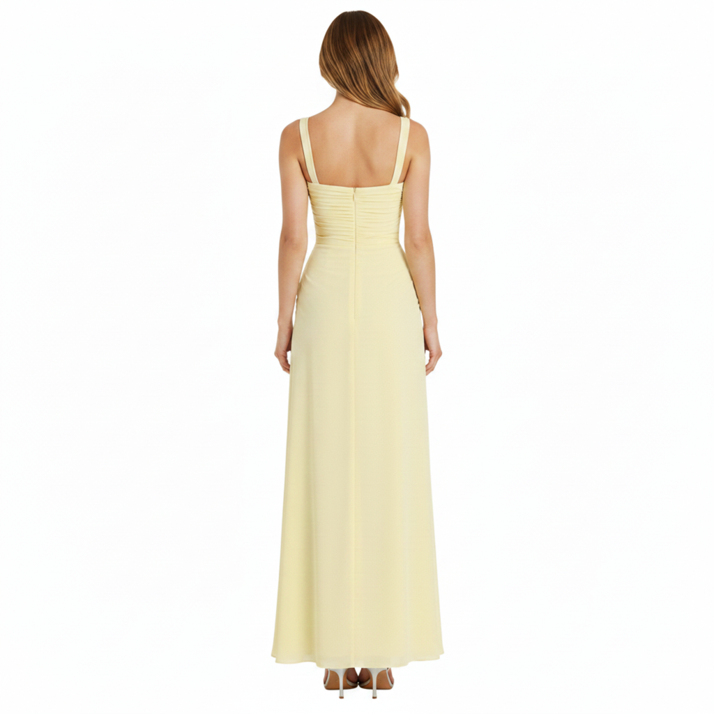 Robe Invitée de Mariage Longue à Col Carré et Taille Froncée pour Femme