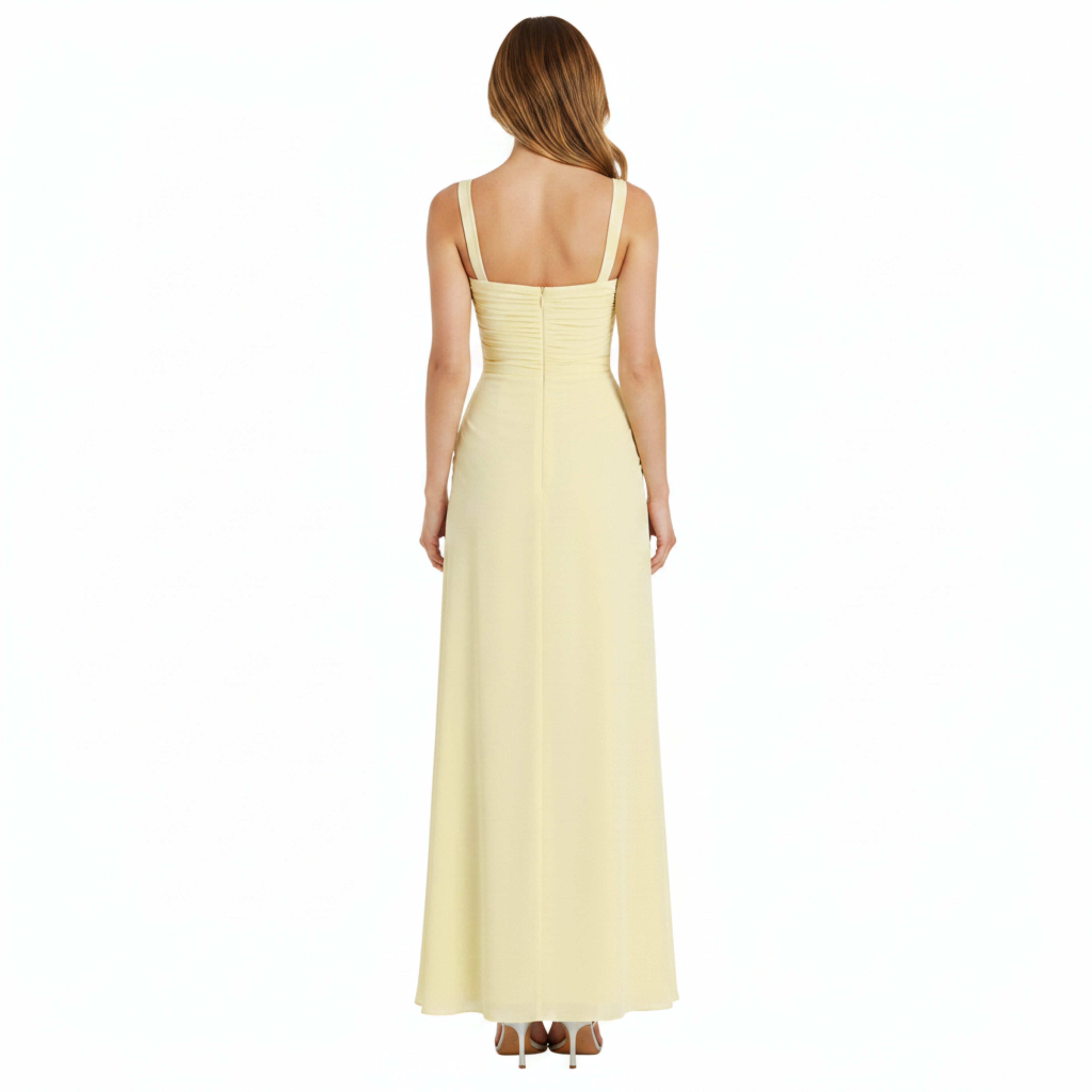 Robe Invitée de Mariage Longue à Col Carré et Taille Froncée pour Femme