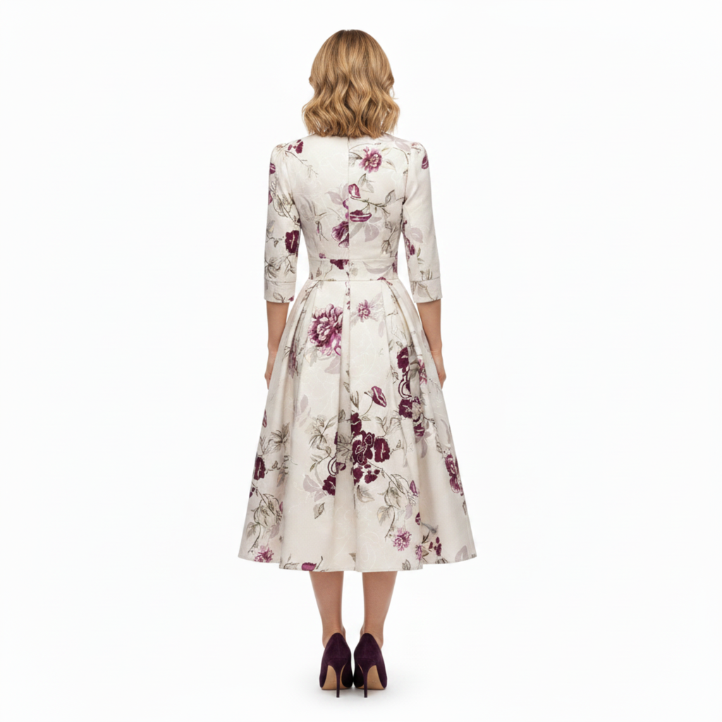 Robe de Soirée Midi Imprimé Fleuri à Manches 3/4 pour Invitée de Mariage