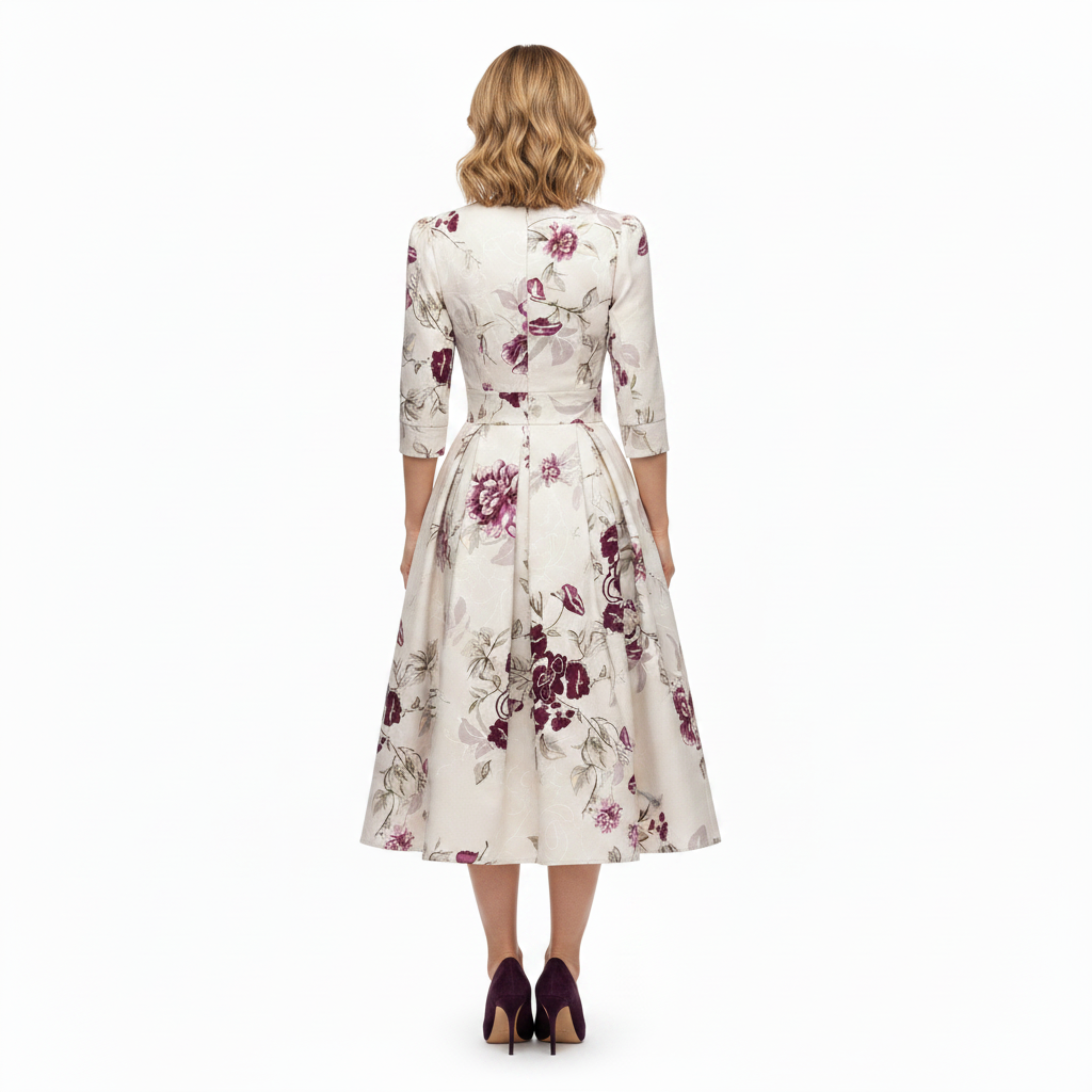 Robe de Soirée Midi Imprimé Fleuri à Manches 3/4 pour Invitée de Mariage