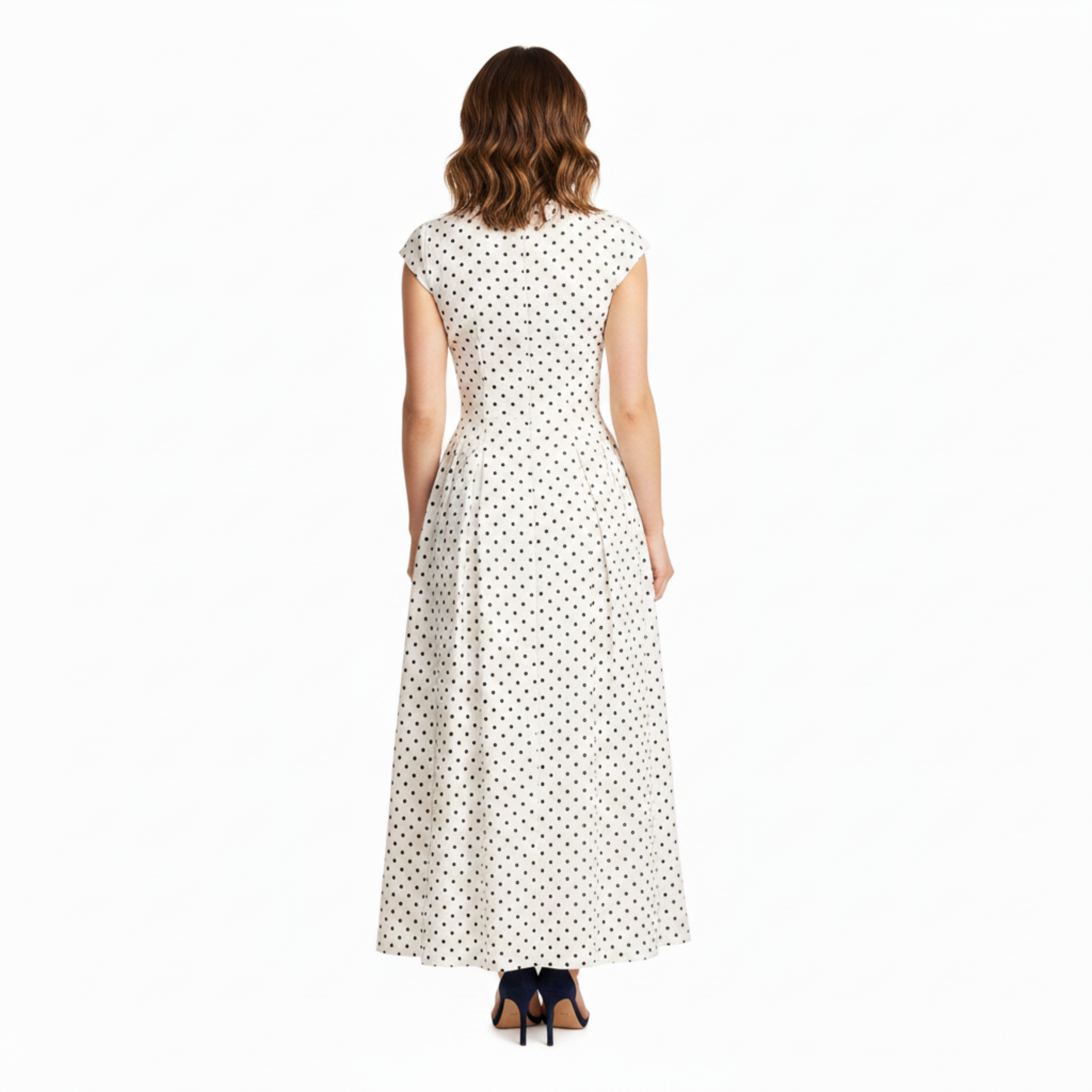 Robe Longue à Pois pour Femme avec Col Rond et Jupe Évasée Coupe Ajustée