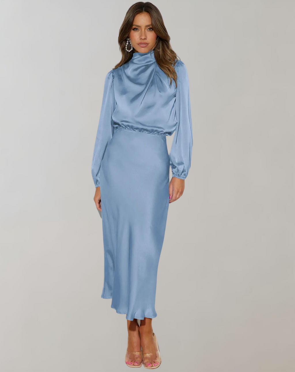 Robe en Satin pour Femme avec Col Montant et Manches Longues