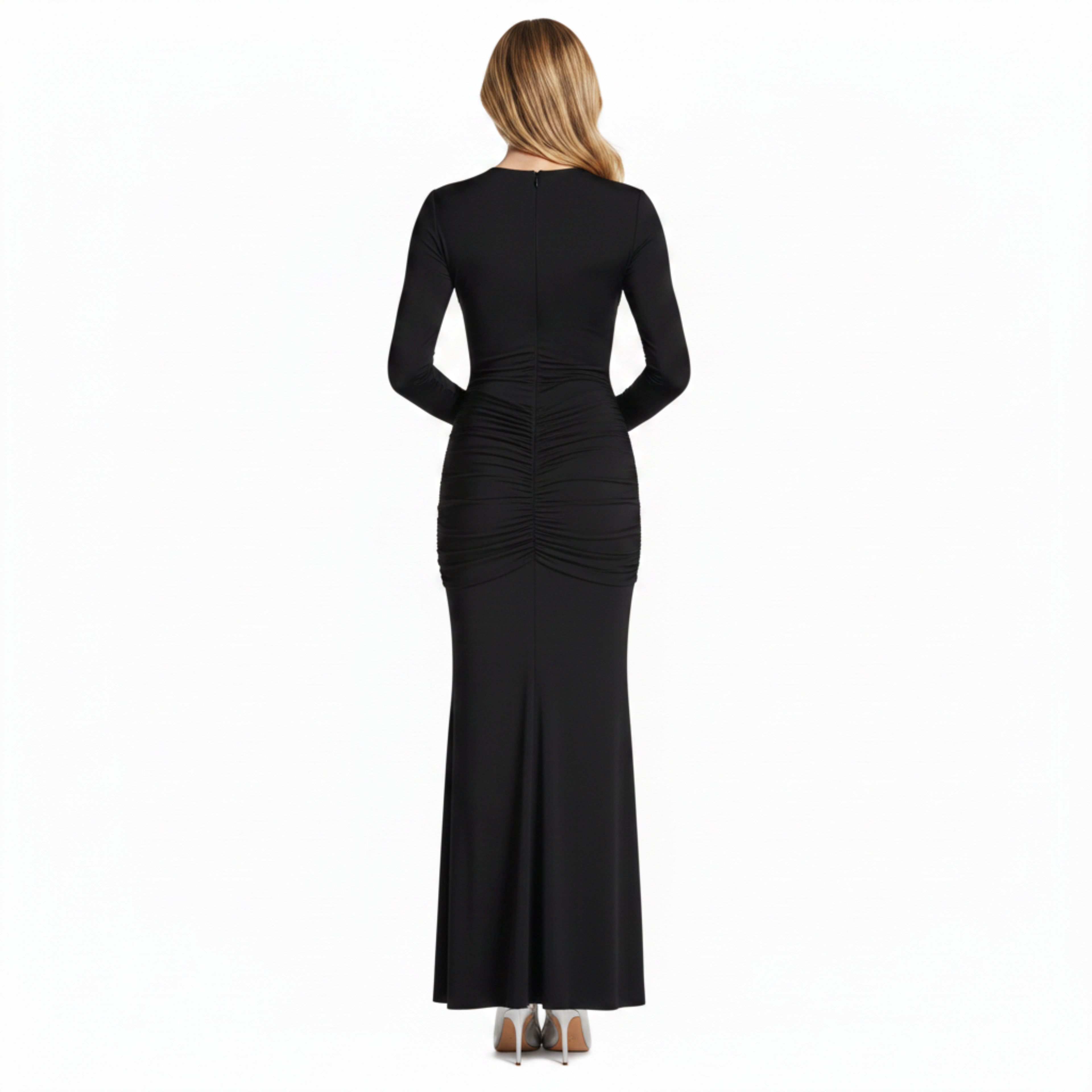Robe de Soirée Maxi à Manches Longues avec Col en V Plongeant et Fronces
