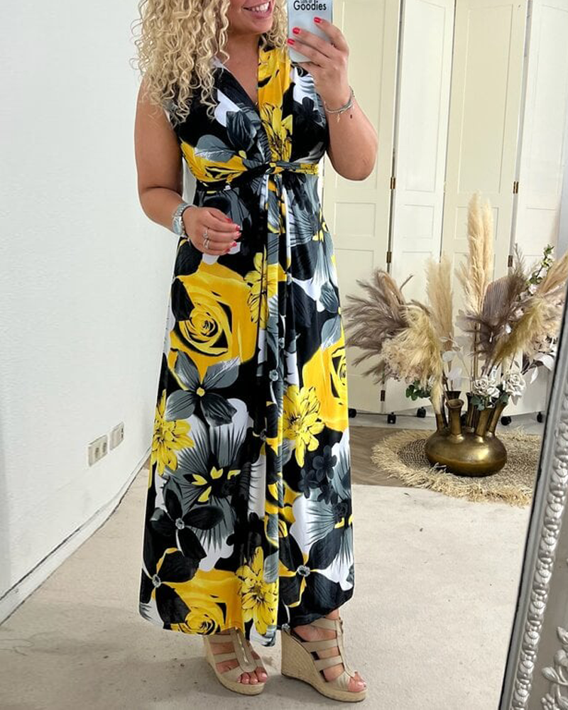 Viola | Robe Maxi Florale Femme Sans Manches avec Nœud à l'Avant et Décolleté en V
