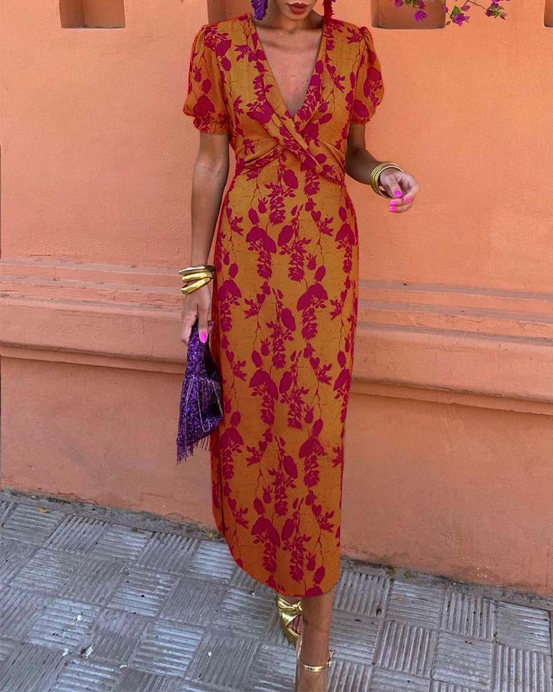 Robe A-Line à Manches Bouffantes et Imprimé Élégant de Feuilles en V Profond