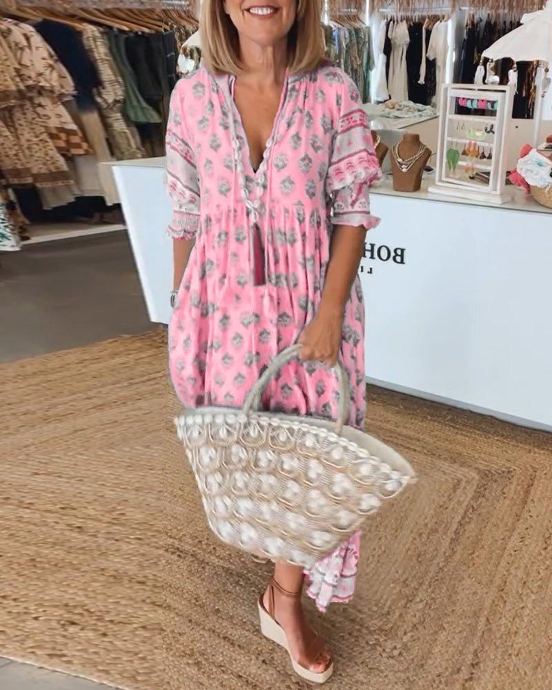 Isabella | Robe Midi à Imprimé Bohème avec Franges