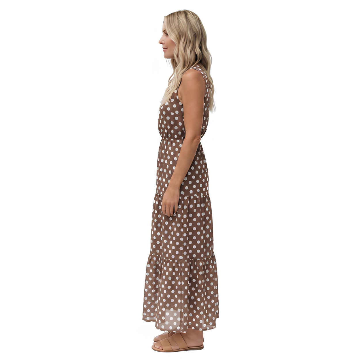 Robe à Pois sans Manches Coupe Midi Évasée et Col Rond pour Femme