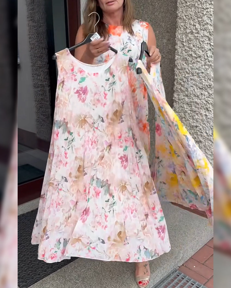 Robe Fleurie Plissée Sans Manches
