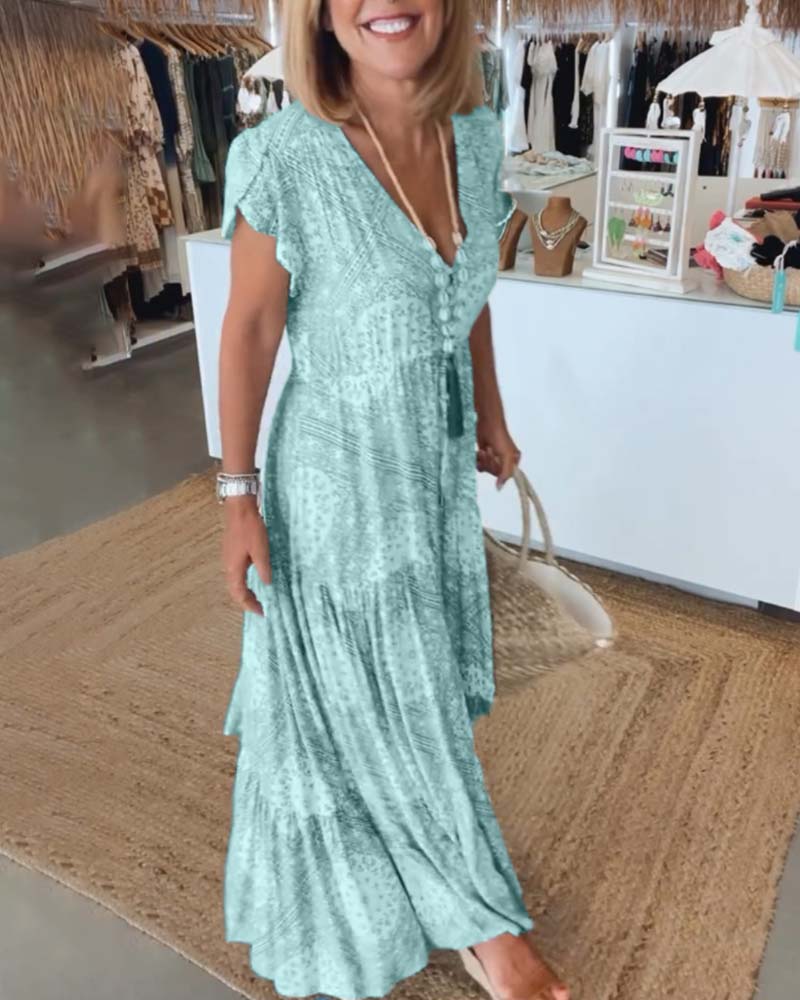 Robe à manches fendues en V imprimée pour les vacances