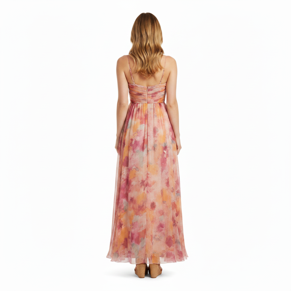Robe Maxi Florale à Bretelles avec Dégradé et Jupe Fluide Vaporeuse