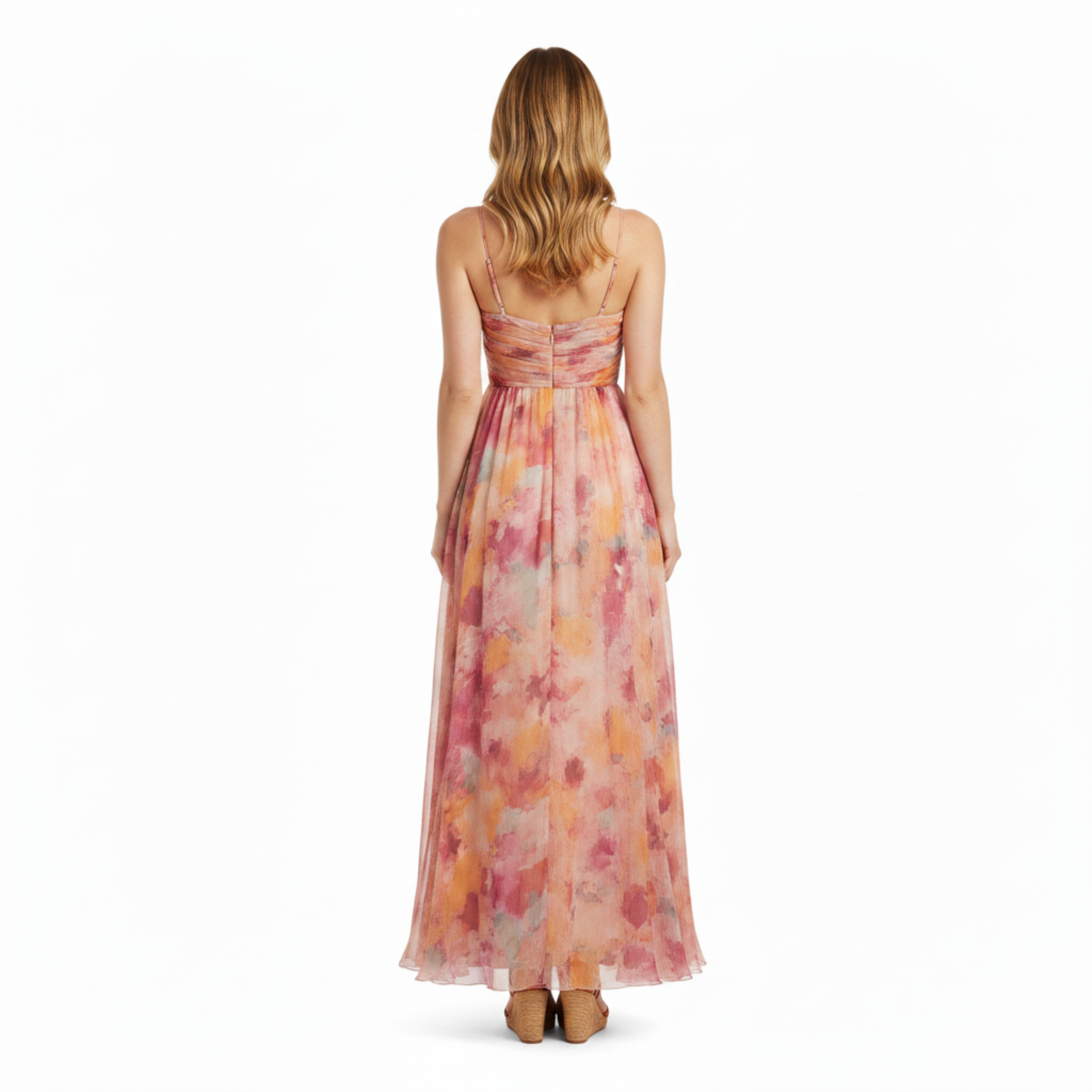 Robe Maxi Florale à Bretelles avec Dégradé et Jupe Fluide Vaporeuse
