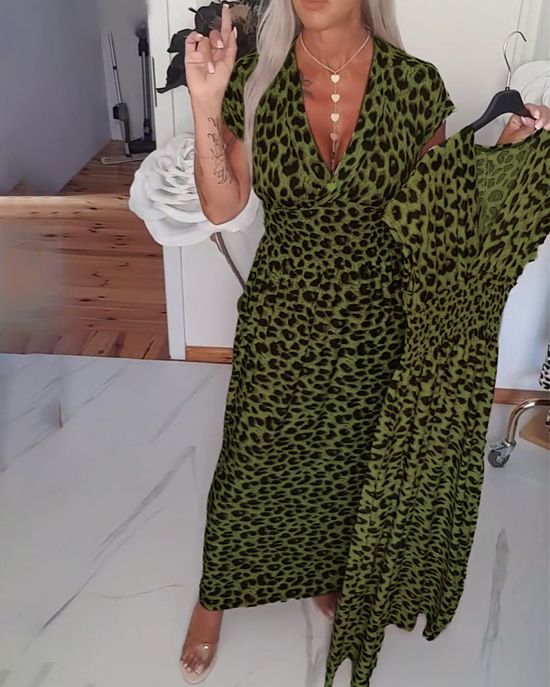 Robe Élégante Imprimé Léopard Col V
