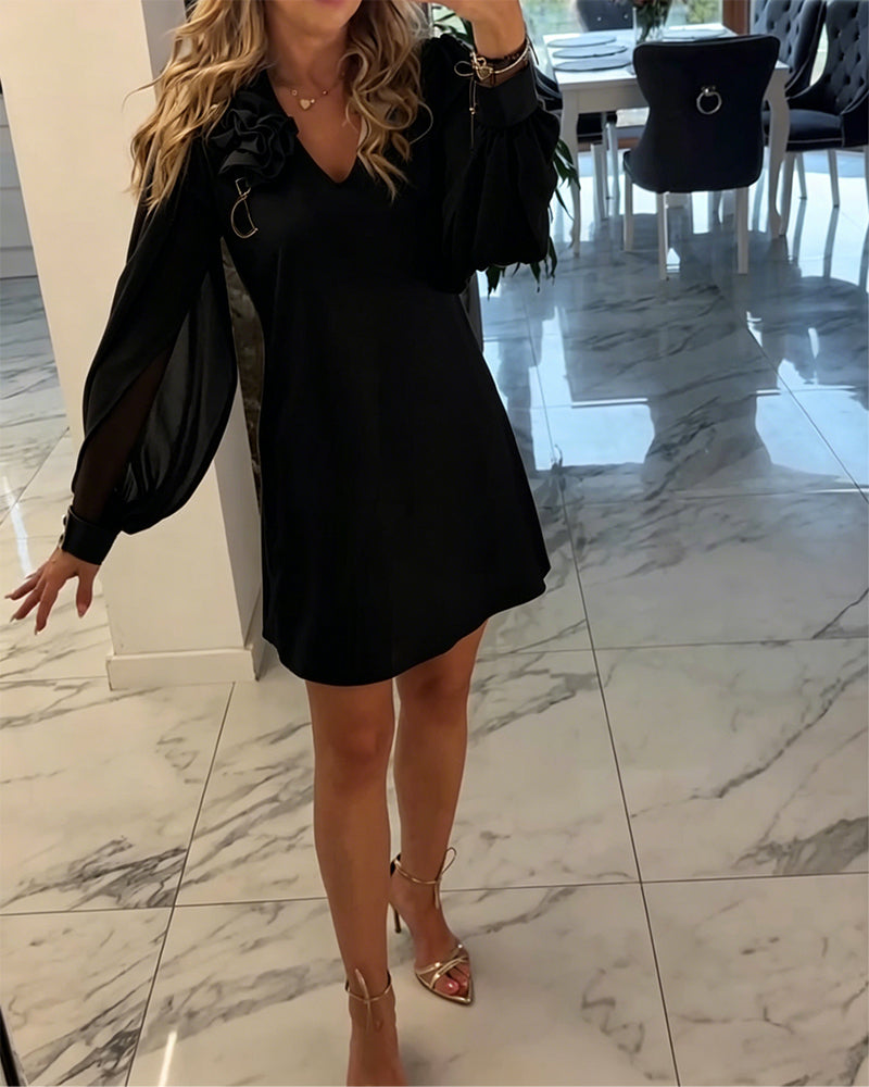 Robe à Manches Lanternes avec V-Cou et Fleurs en Trois Dimensions