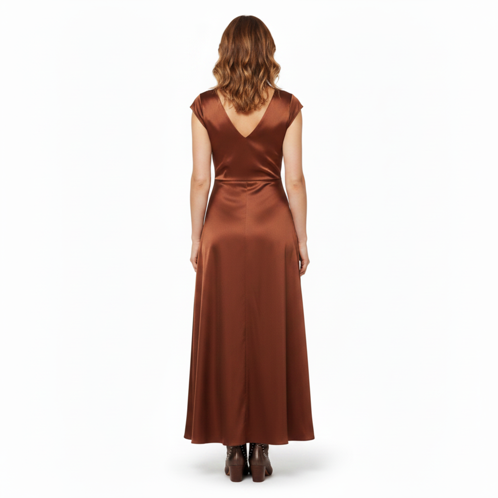 Robe Longue en Satin pour Femme avec Col en V et Manches Courtes Style Cape