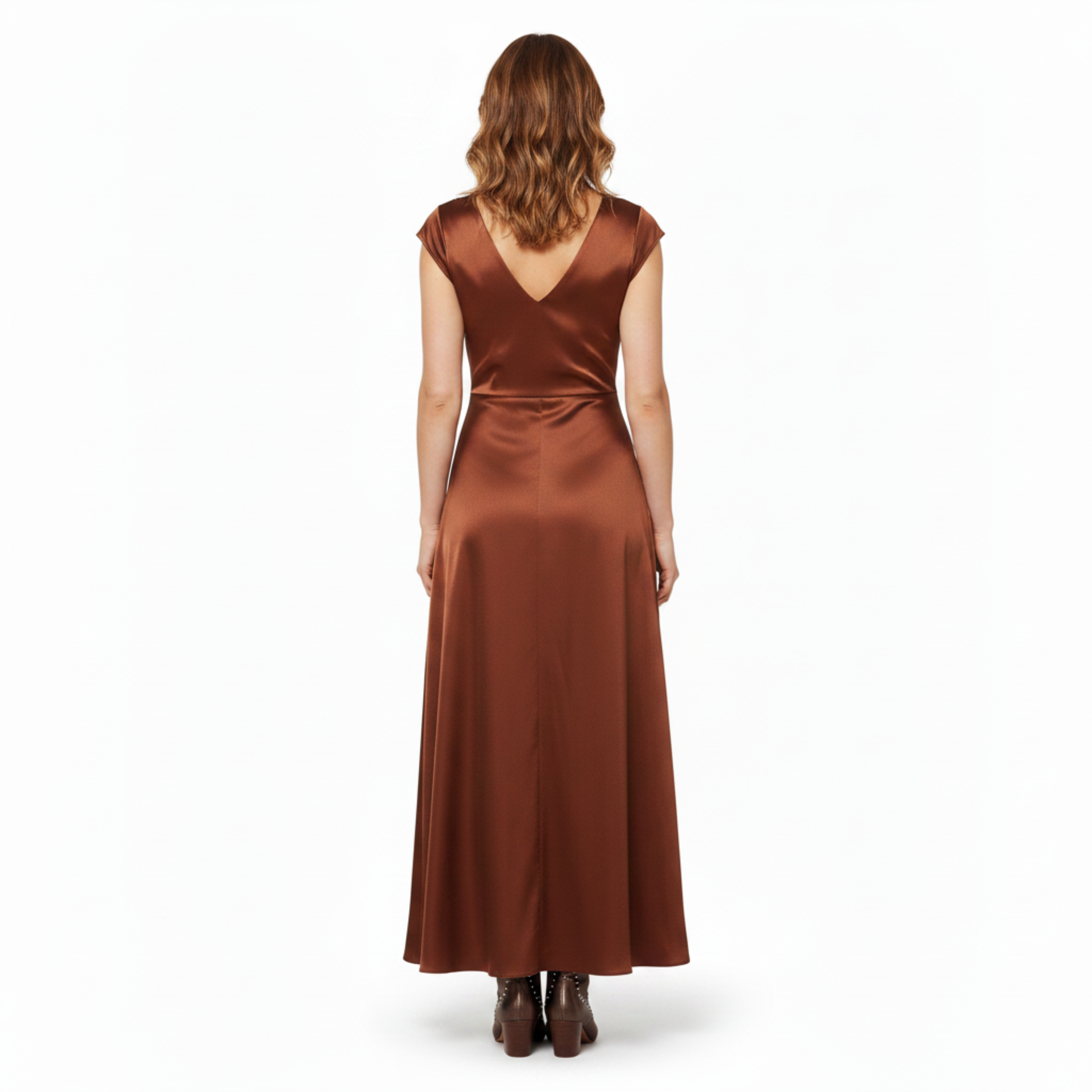 Robe Longue en Satin pour Femme avec Col en V et Manches Courtes Style Cape