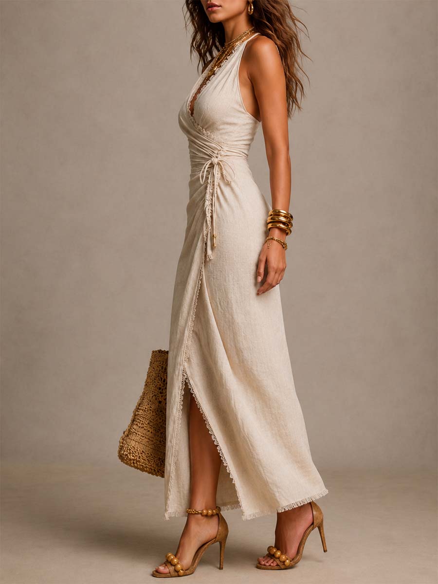 Pohanna | Robe midi portefeuille fluide avec dentelle