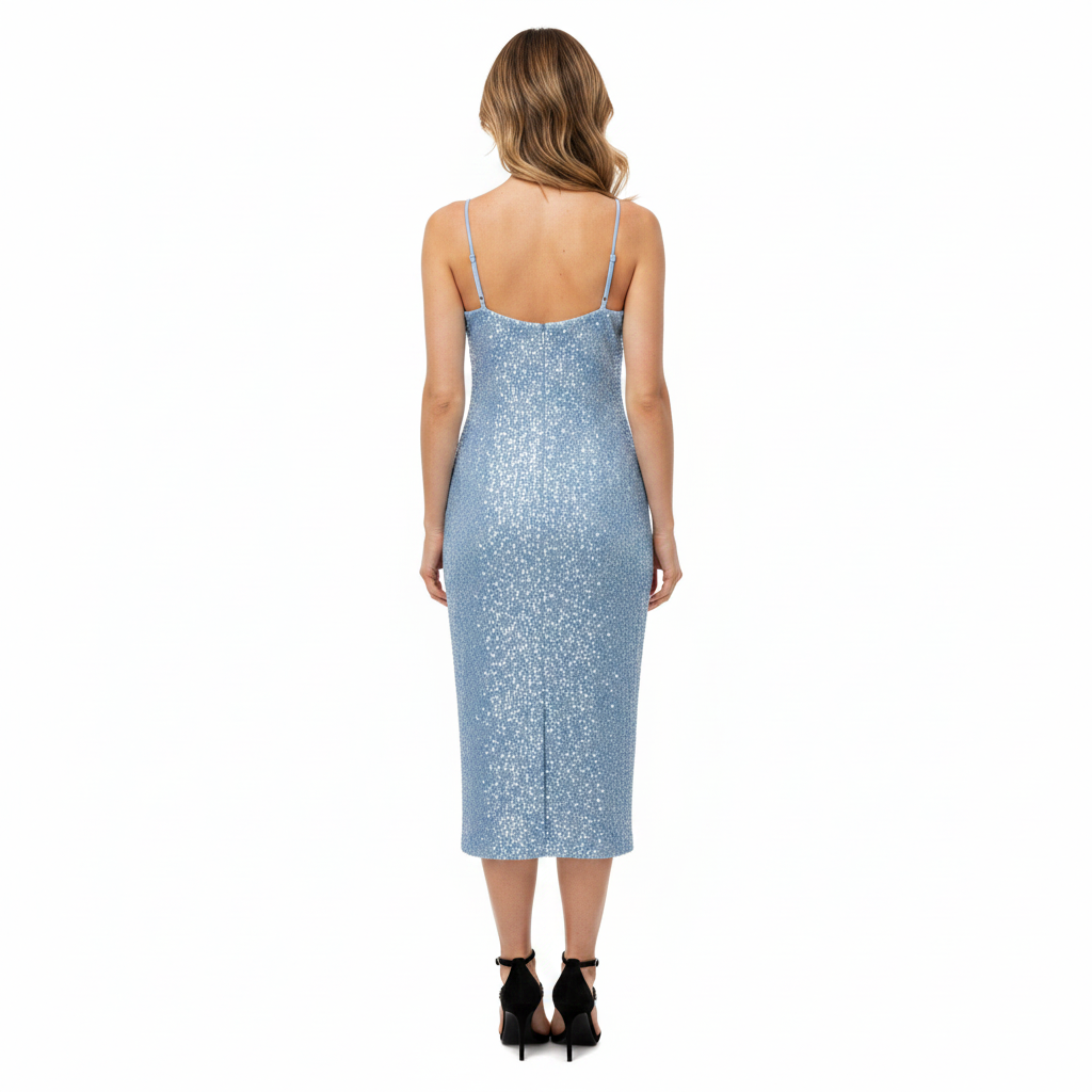 Robe Invitée de Mariage à Paillettes et Bretelles Spaghetti pour Femme