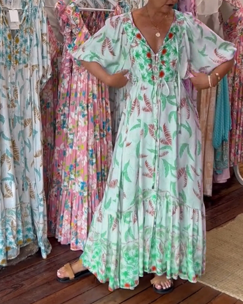Robe maxi à imprimé feuilles avec décolleté en V pour femmes